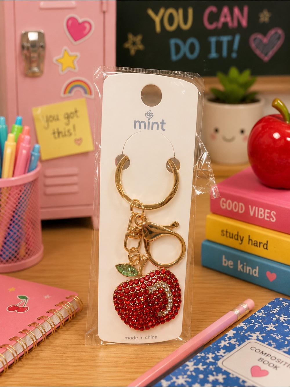 mint sparkly Red Apple Keychain